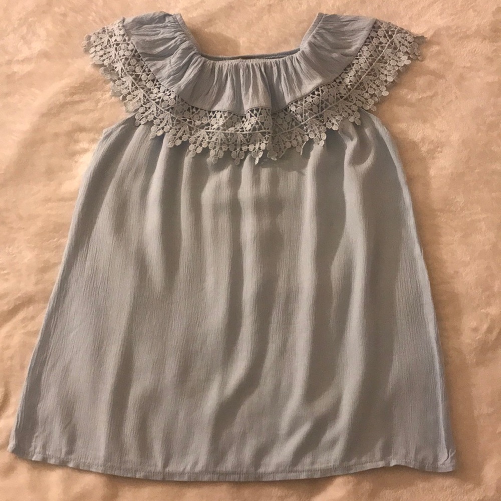 Baby Blue Flowy Top with Crotchet Fringe Off the Shoulders or On the Shoulders🦋